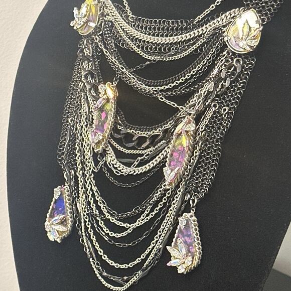 Erickson Beamon Statement Bib Necklace Gunmetal Multi Chain Crystal Waterfall - Picture 6 of 11